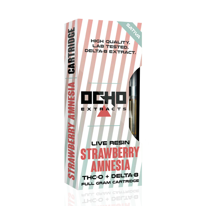 Strawberry Amnesia Sativa Live Resin THC-O + Delta 8 Cartridge By Ocho Extracts